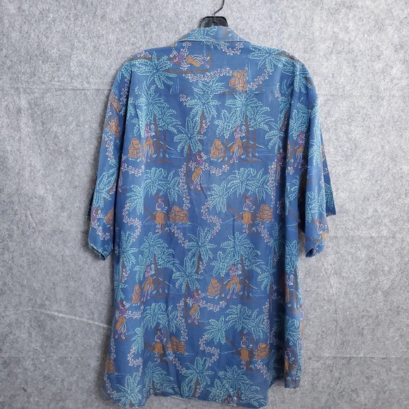 Tommy Bahama Silk Hawaiian Button Up Shirt Mens XL Blue Palm Tree Hula Dancer - Picture 2 of 16